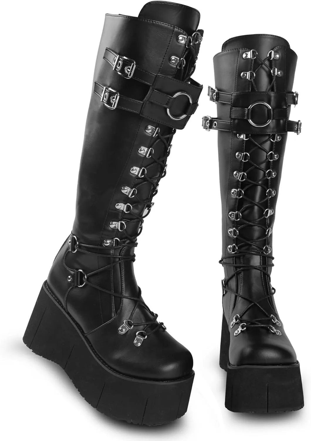 Gothniero Women Black Platform Goth Boots Mid Calf with Heel Knee High Boots Winter Chunky Heel Punk Rave Boots Girls Lace Up Combat Booties Size 5.5-11
