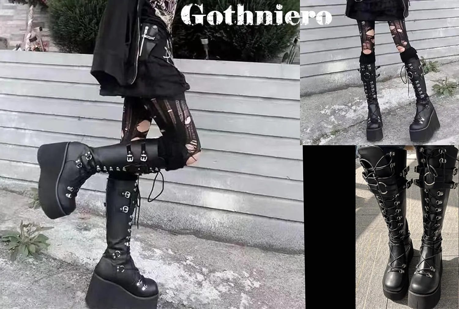 Gothniero Women Black Platform Goth Boots Mid Calf with Heel Knee High Boots Winter Chunky Heel Punk Rave Boots Girls Lace Up Combat Booties Size 5.5-11