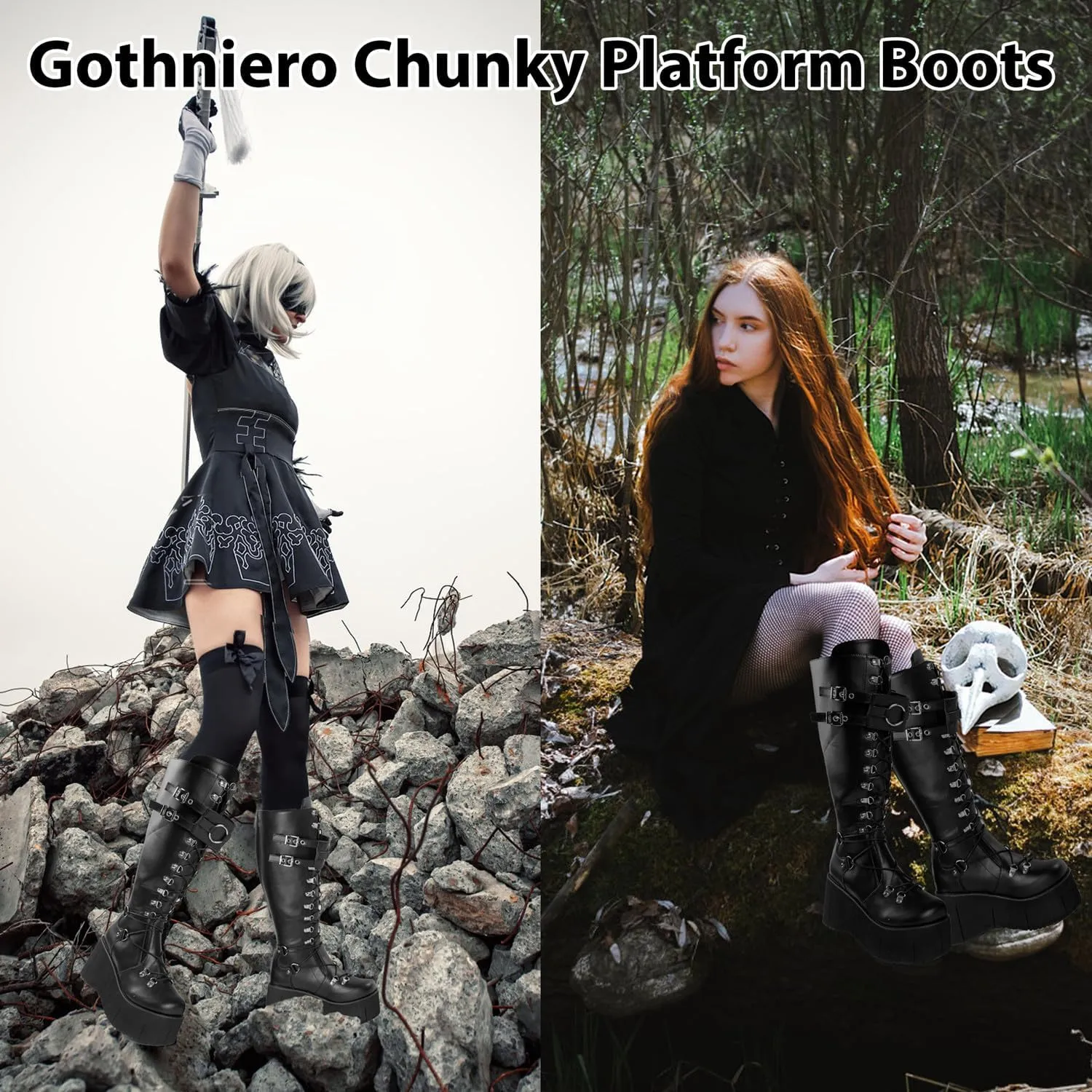 Gothniero Women Black Platform Goth Boots Mid Calf with Heel Knee High Boots Winter Chunky Heel Punk Rave Boots Girls Lace Up Combat Booties Size 5.5-11
