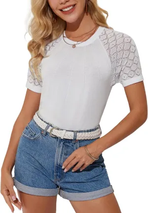 GRACE KARIN Womens Lace Sleeve Sweater Dressy Lightweight Crewneck Sweater Shirts Pleated Business Sweater Top