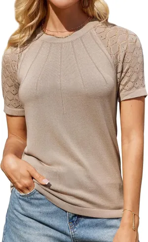 GRACE KARIN Womens Lace Sleeve Sweater Dressy Lightweight Crewneck Sweater Shirts Pleated Business Sweater Top