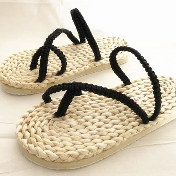 Handmade Straw Sandals Casual Rattan Woven Slipper Massage Shoes Summer Braided Sandals Cosplay Woven Slippers (Straw Soles,Men 8.5/ Women 10- EU42)