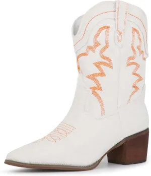 Hawkwell Women's Embroidered Stitched Rodeo Boots Pointed Toe Chunky Block Heel Classic Pull On Cowgirl Ankle Western Booties