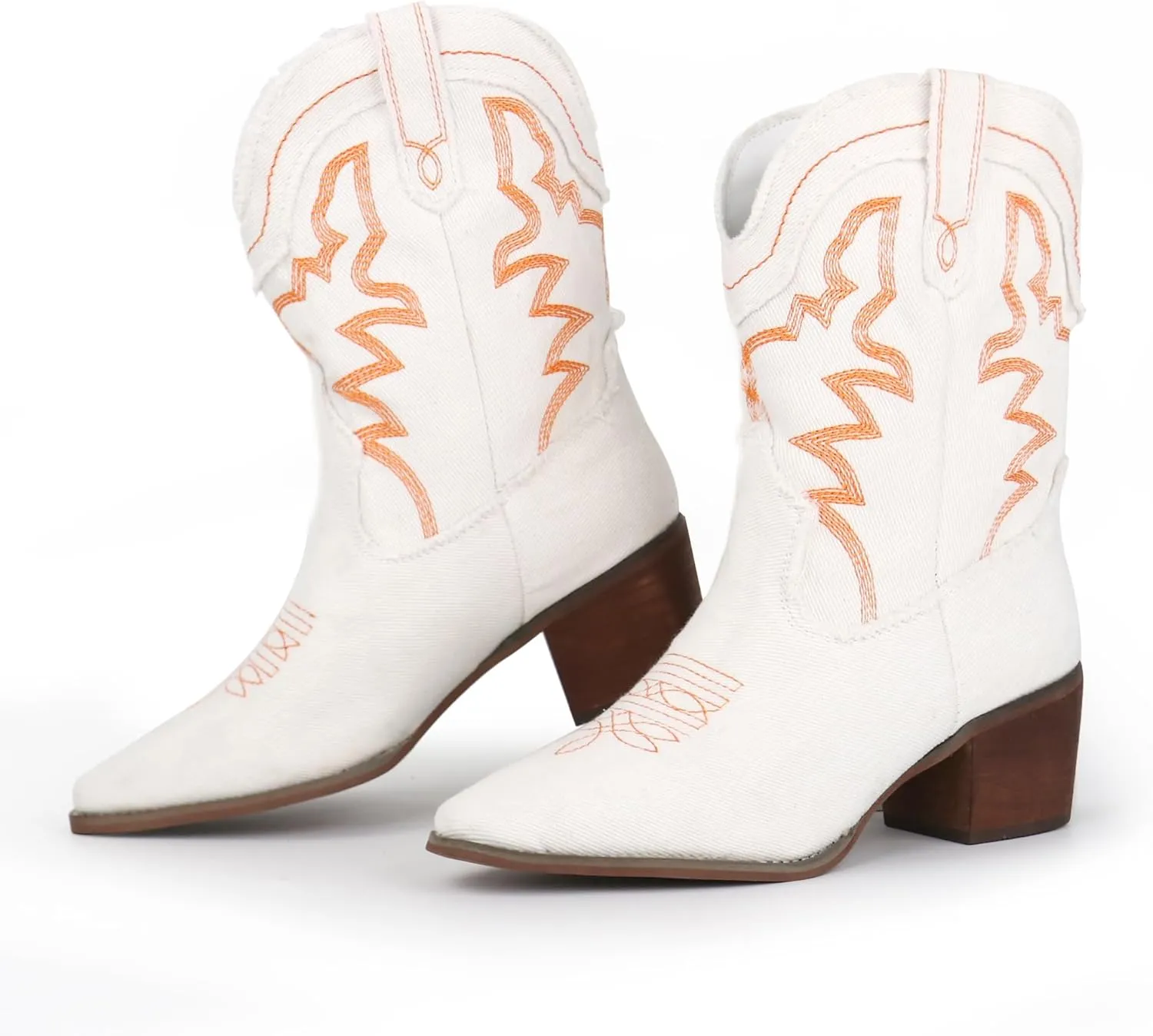 Hawkwell Women's Embroidered Stitched Rodeo Boots Pointed Toe Chunky Block Heel Classic Pull On Cowgirl Ankle Western Booties