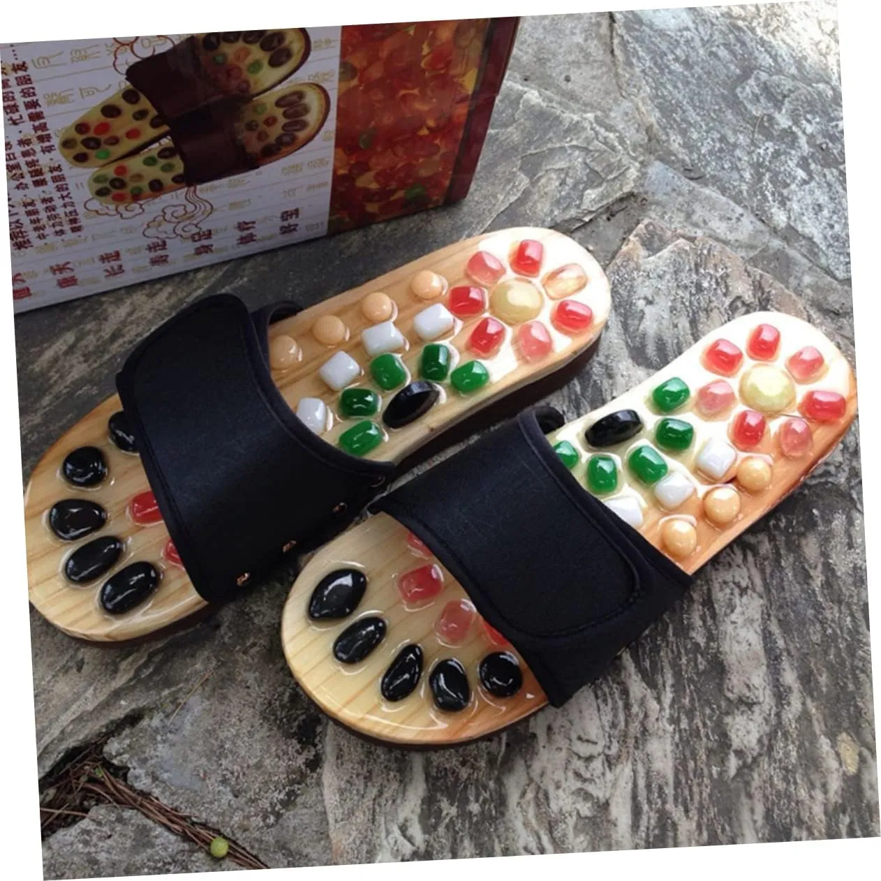 Health Massage Sandals for Foot Relief Jade Cobblestone Massage Slippers Black for Plantar and Tired Feet Promotes Blood Flow and Comfort