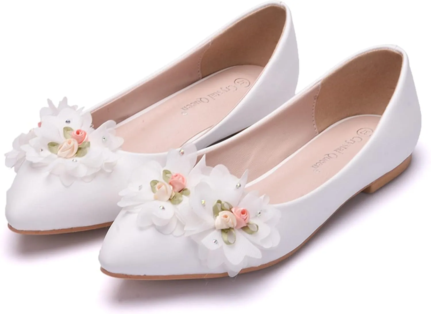 Hee grand Women's Crystal White Wedding Shoes Rhinestone Beaded Pointed Toe Slip On Ballet Flats Shoes for Bride and Bridesmaid