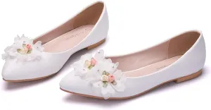 Hee grand Women's Crystal White Wedding Shoes Rhinestone Beaded Pointed Toe Slip On Ballet Flats Shoes for Bride and Bridesmaid