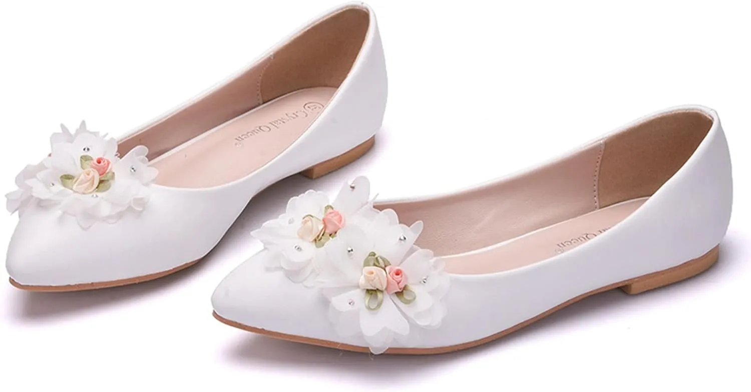 Hee grand Women's Crystal White Wedding Shoes Rhinestone Beaded Pointed Toe Slip On Ballet Flats Shoes for Bride and Bridesmaid