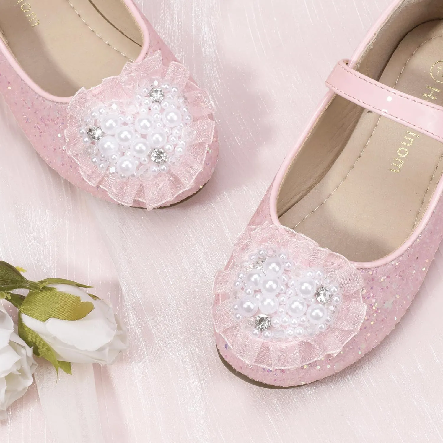 Hehainom Toddler Flower Girl Dress Shoes Rhinstones Pearls Mary Jane Ballet Flats Wedding Party Toddler Little Kid Princess Shoes