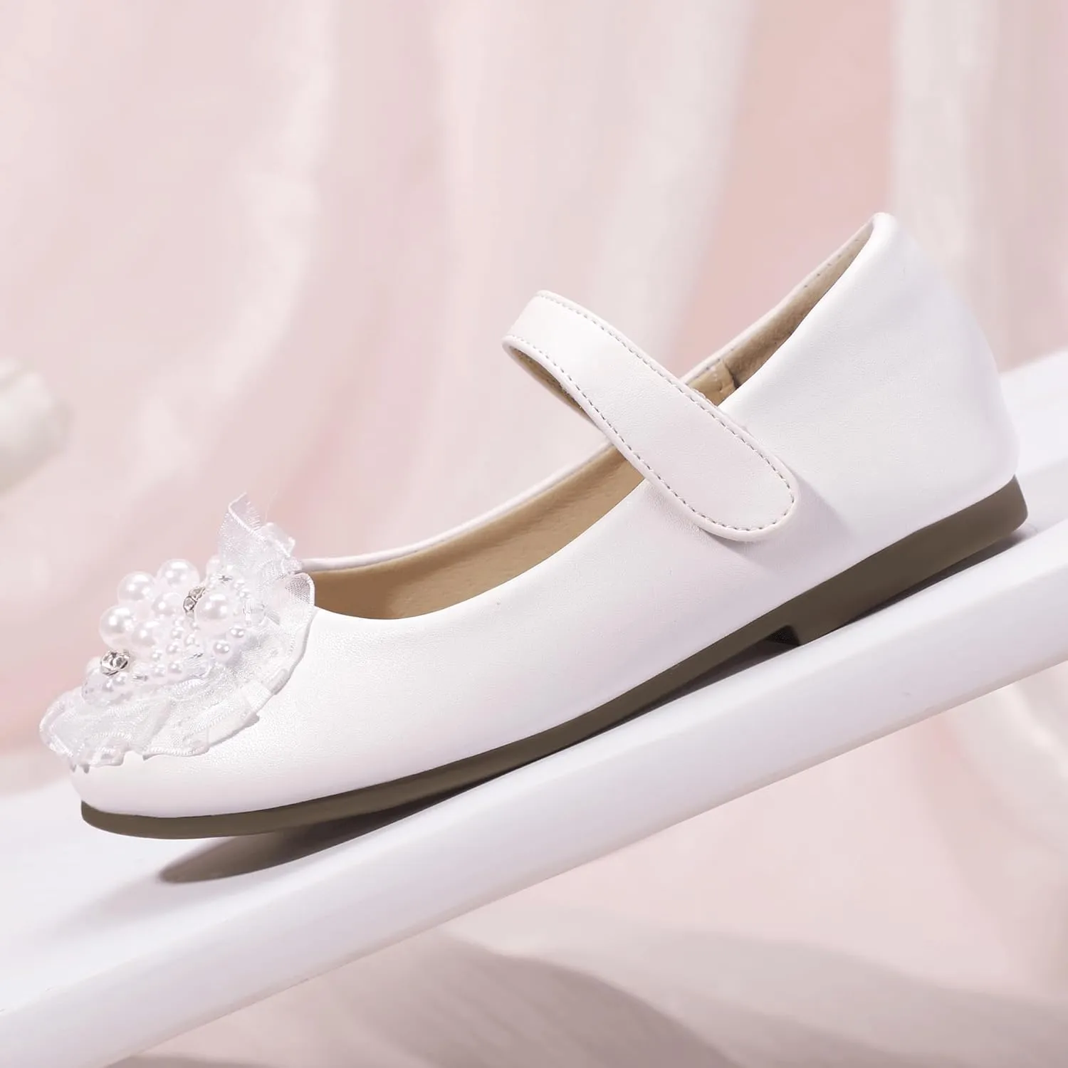 Hehainom Toddler Flower Girl Dress Shoes Rhinstones Pearls Mary Jane Ballet Flats Wedding Party Toddler Little Kid Princess Shoes