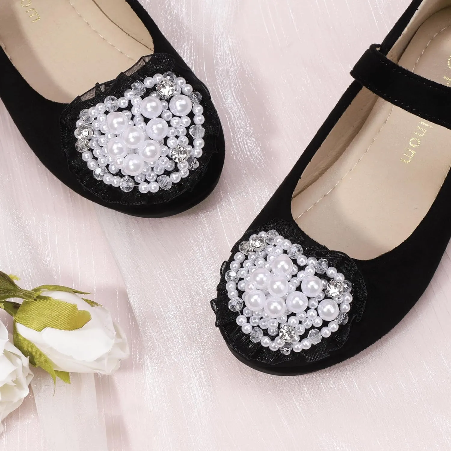 Hehainom Toddler Flower Girl Dress Shoes Rhinstones Pearls Mary Jane Ballet Flats Wedding Party Toddler Little Kid Princess Shoes
