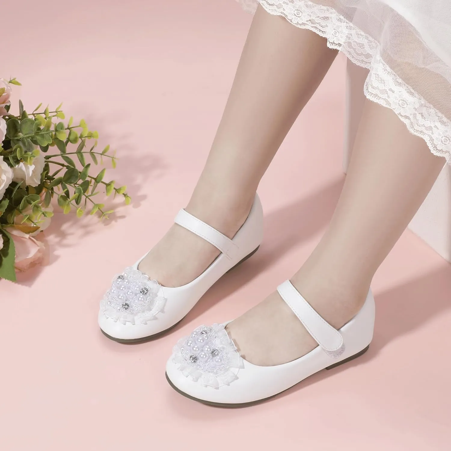 Hehainom Toddler Flower Girl Dress Shoes Rhinstones Pearls Mary Jane Ballet Flats Wedding Party Toddler Little Kid Princess Shoes