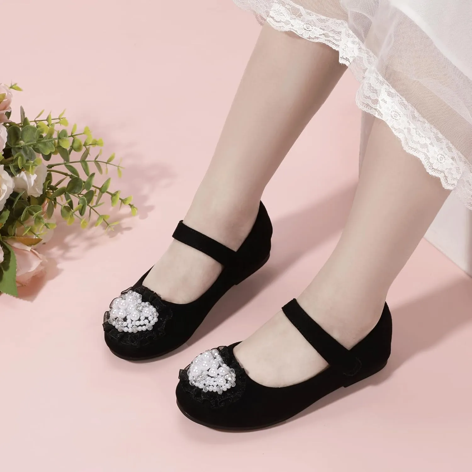 Hehainom Toddler Flower Girl Dress Shoes Rhinstones Pearls Mary Jane Ballet Flats Wedding Party Toddler Little Kid Princess Shoes