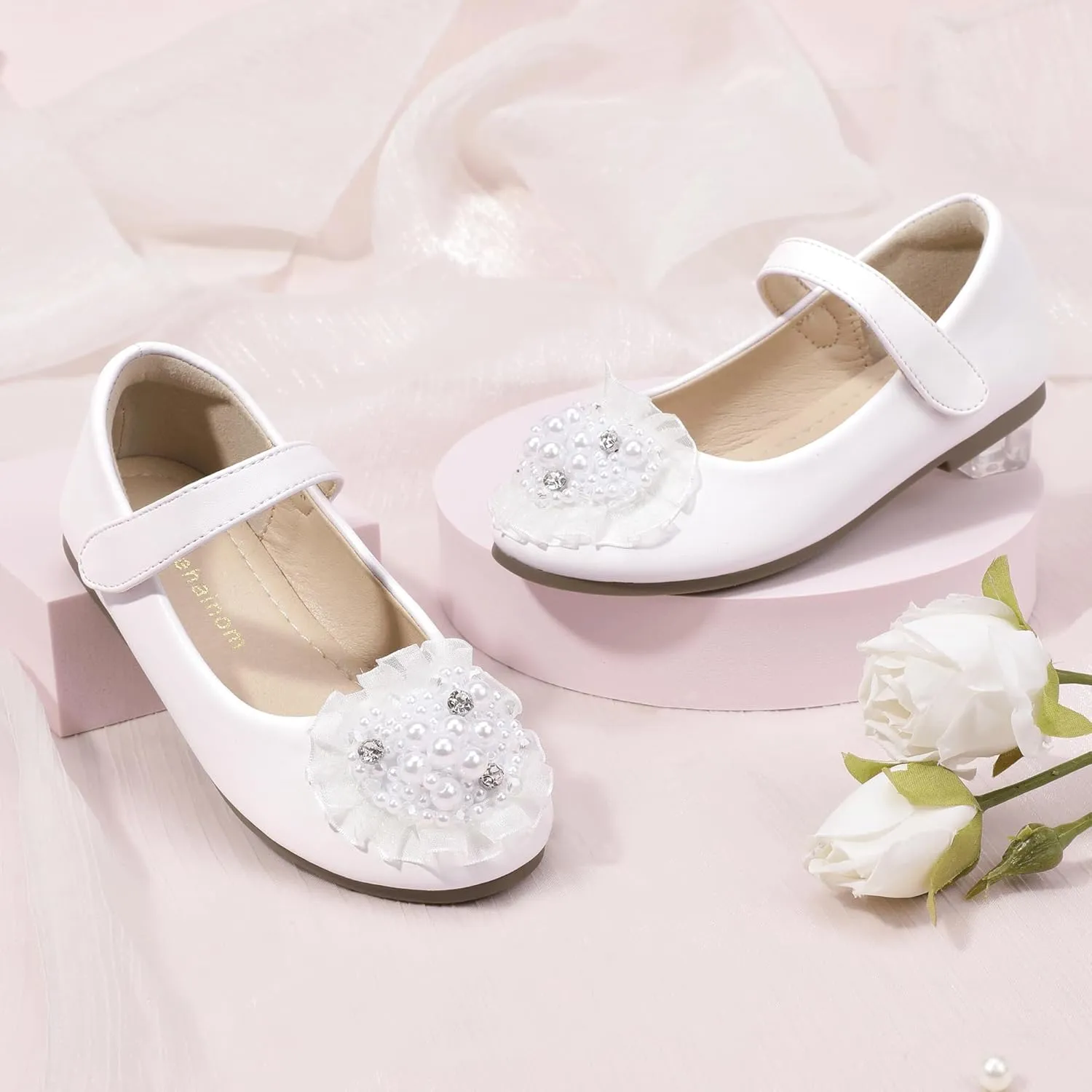 Hehainom Toddler Flower Girl Dress Shoes Rhinstones Pearls Mary Jane Ballet Flats Wedding Party Toddler Little Kid Princess Shoes