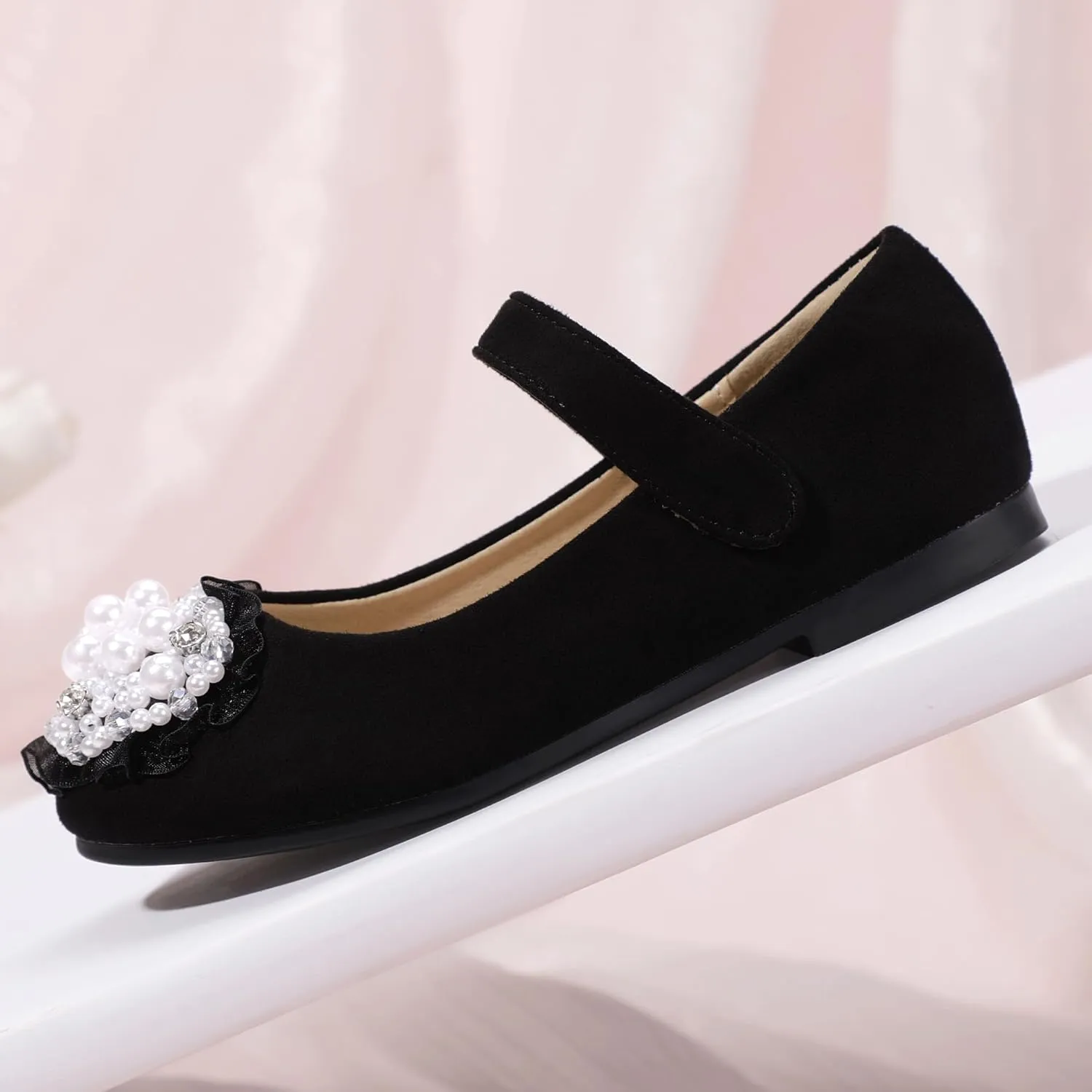 Hehainom Toddler Flower Girl Dress Shoes Rhinstones Pearls Mary Jane Ballet Flats Wedding Party Toddler Little Kid Princess Shoes