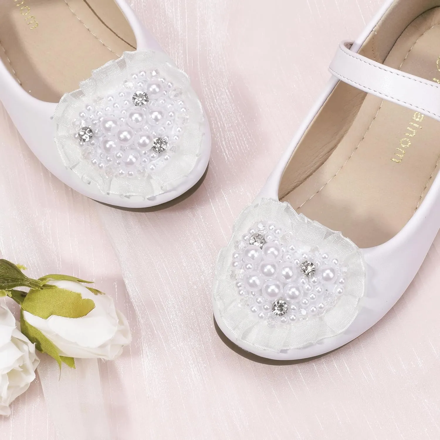 Hehainom Toddler Flower Girl Dress Shoes Rhinstones Pearls Mary Jane Ballet Flats Wedding Party Toddler Little Kid Princess Shoes
