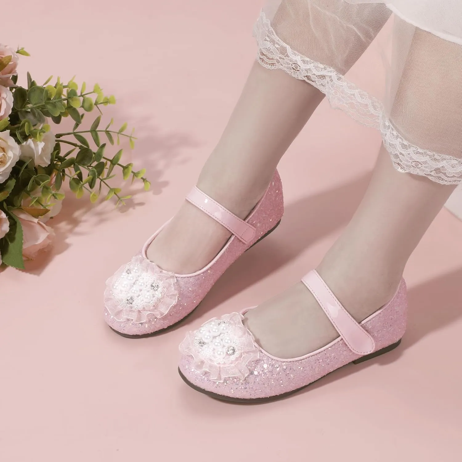 Hehainom Toddler Flower Girl Dress Shoes Rhinstones Pearls Mary Jane Ballet Flats Wedding Party Toddler Little Kid Princess Shoes