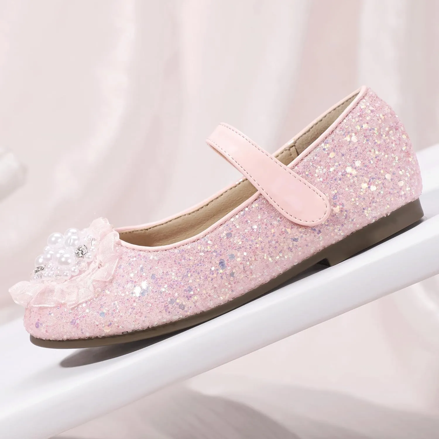 Hehainom Toddler Flower Girl Dress Shoes Rhinstones Pearls Mary Jane Ballet Flats Wedding Party Toddler Little Kid Princess Shoes