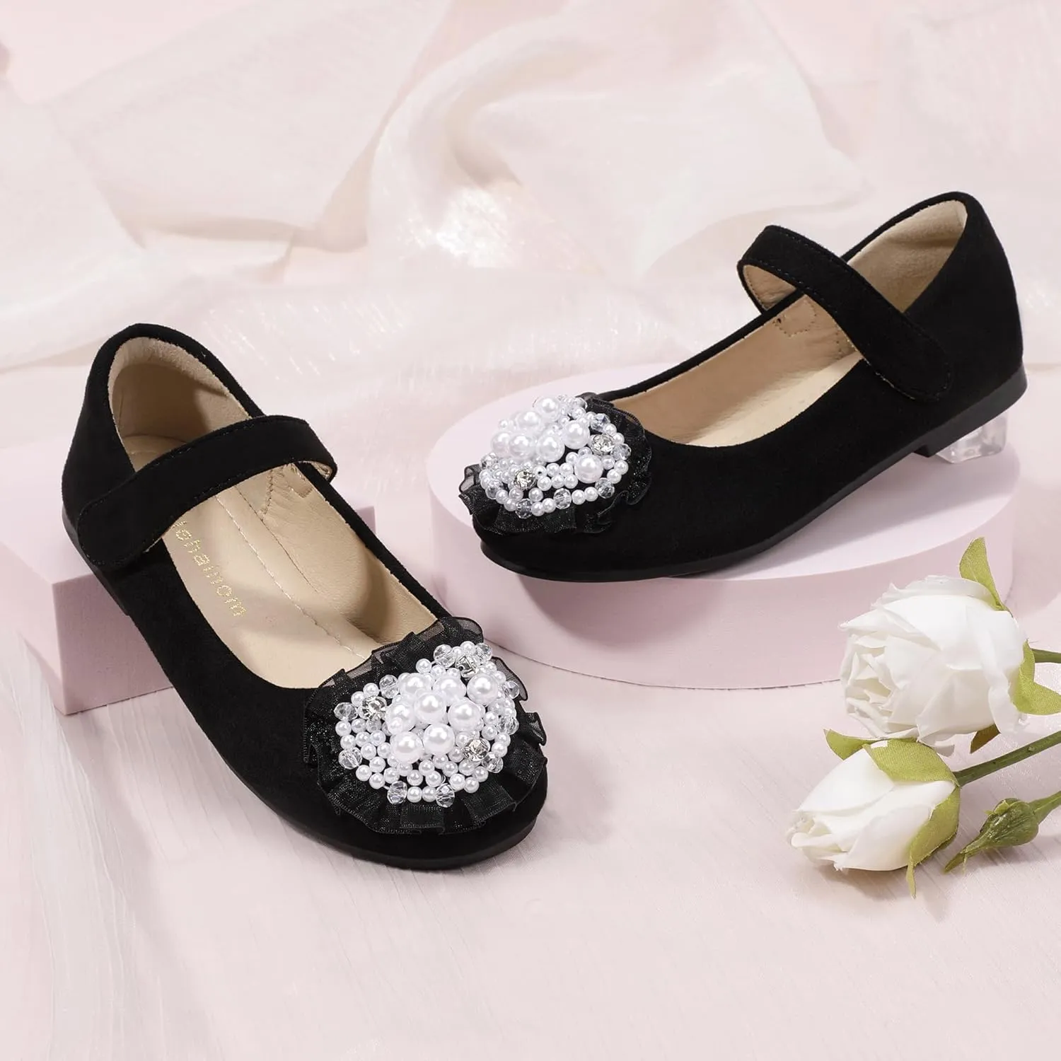 Hehainom Toddler Flower Girl Dress Shoes Rhinstones Pearls Mary Jane Ballet Flats Wedding Party Toddler Little Kid Princess Shoes
