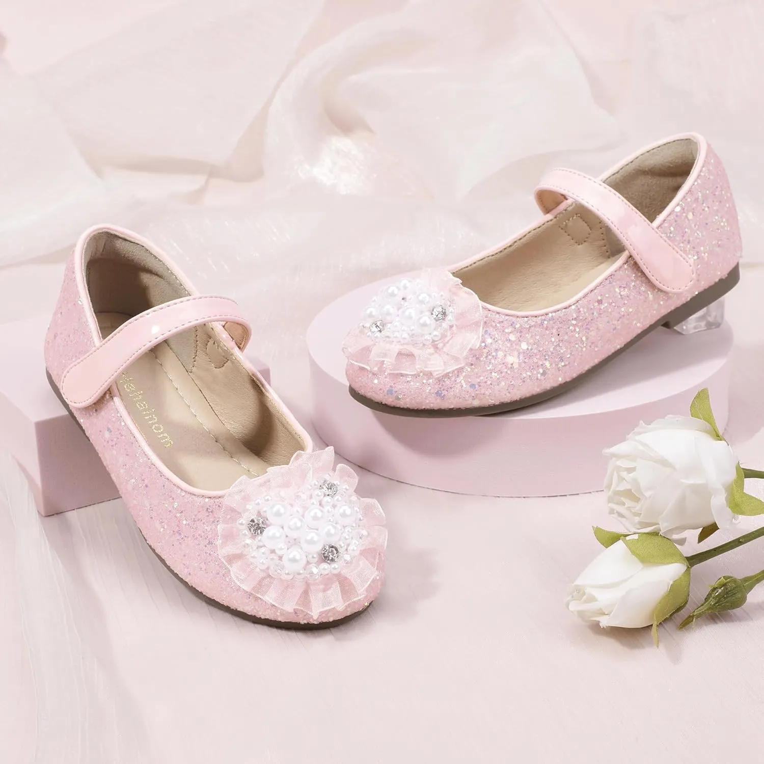Hehainom Toddler Flower Girl Dress Shoes Rhinstones Pearls Mary Jane Ballet Flats Wedding Party Toddler Little Kid Princess Shoes
