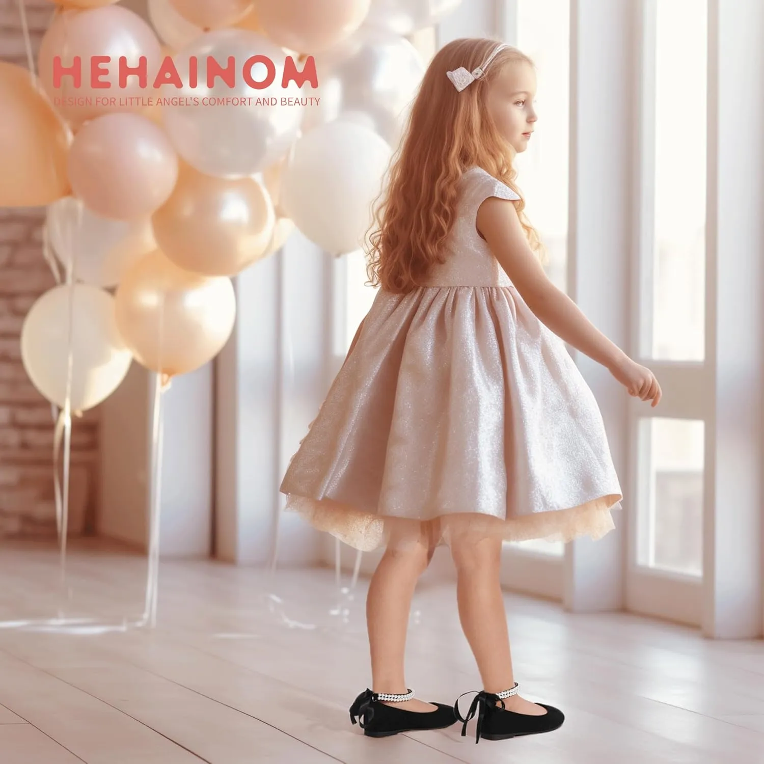 Hehainom Toddler Girls Dress Shoes Flower Girl Little Kids Mary Jane Ballet Flats Pearls Bow Wedding Party Communion Shoes