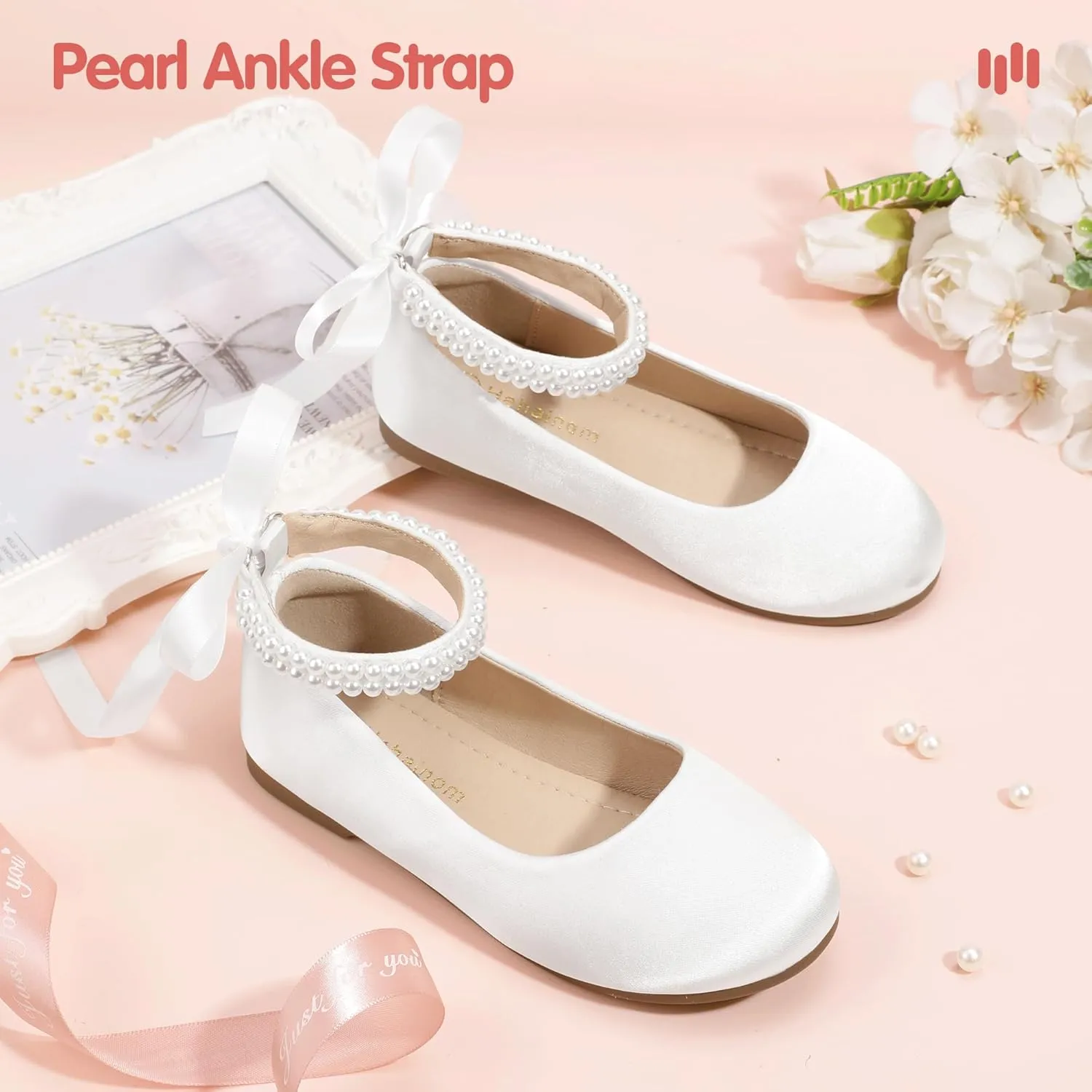 Hehainom Toddler Girls Dress Shoes Flower Girl Little Kids Mary Jane Ballet Flats Pearls Bow Wedding Party Communion Shoes
