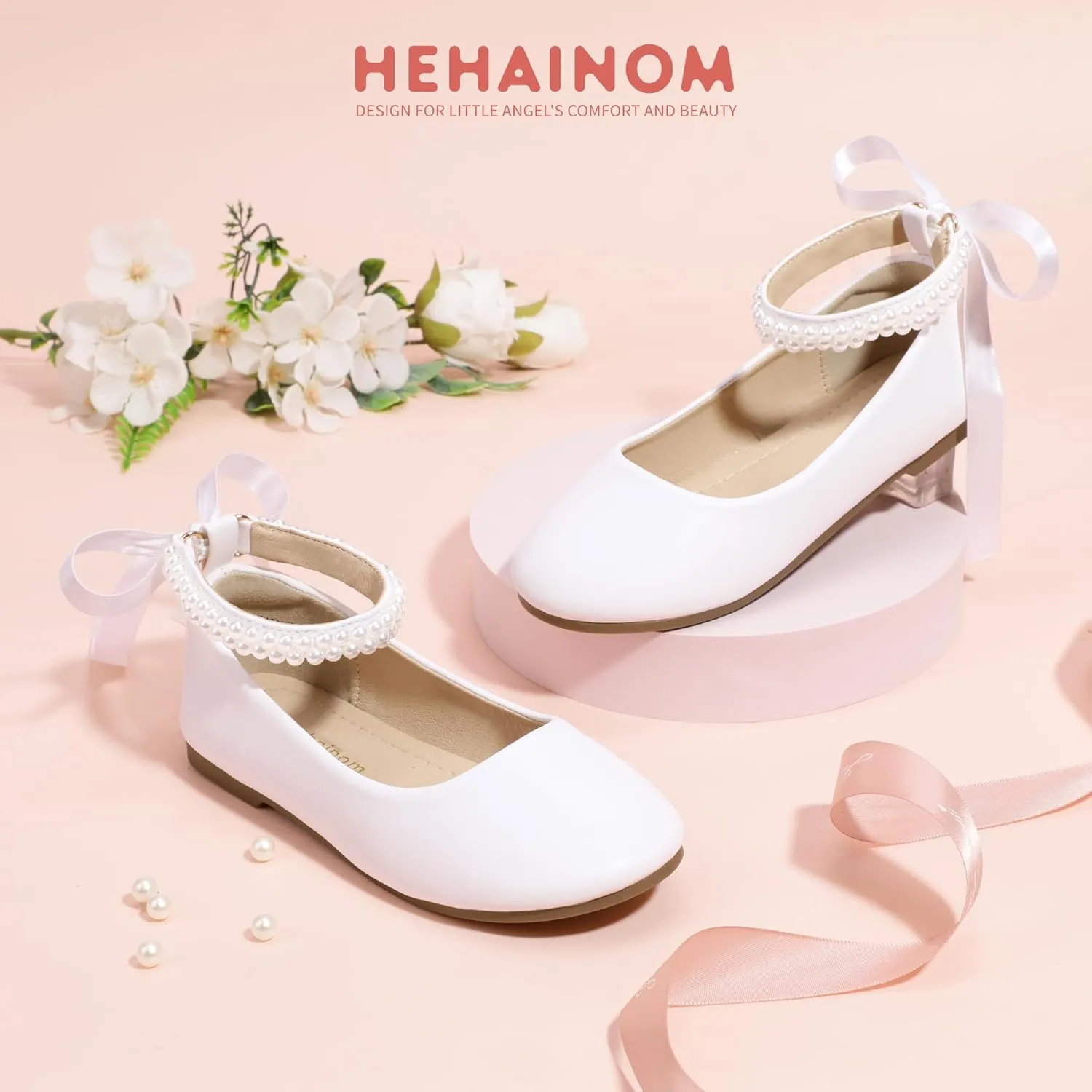 Hehainom Toddler Girls Dress Shoes Flower Girl Little Kids Mary Jane Ballet Flats Pearls Bow Wedding Party Communion Shoes