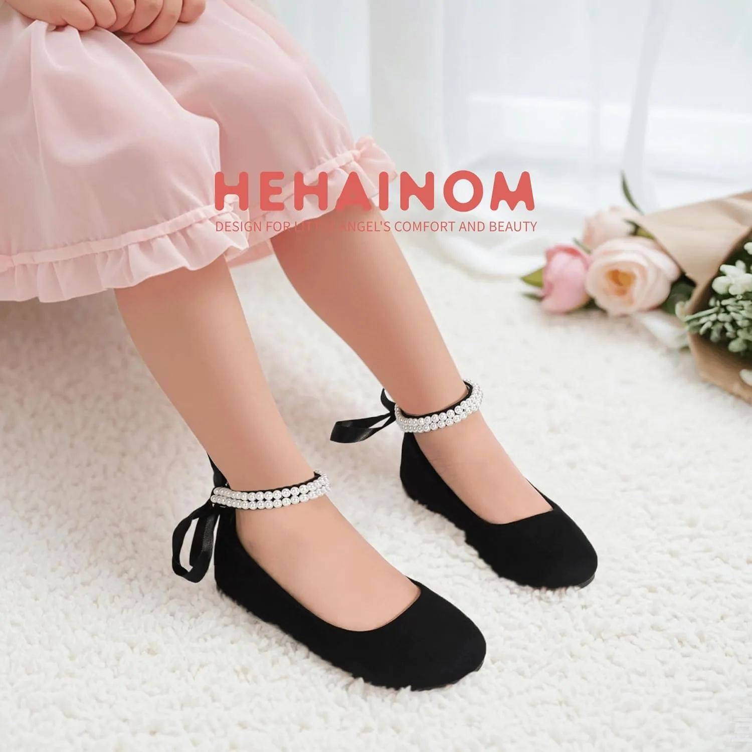 Hehainom Toddler Girls Dress Shoes Flower Girl Little Kids Mary Jane Ballet Flats Pearls Bow Wedding Party Communion Shoes