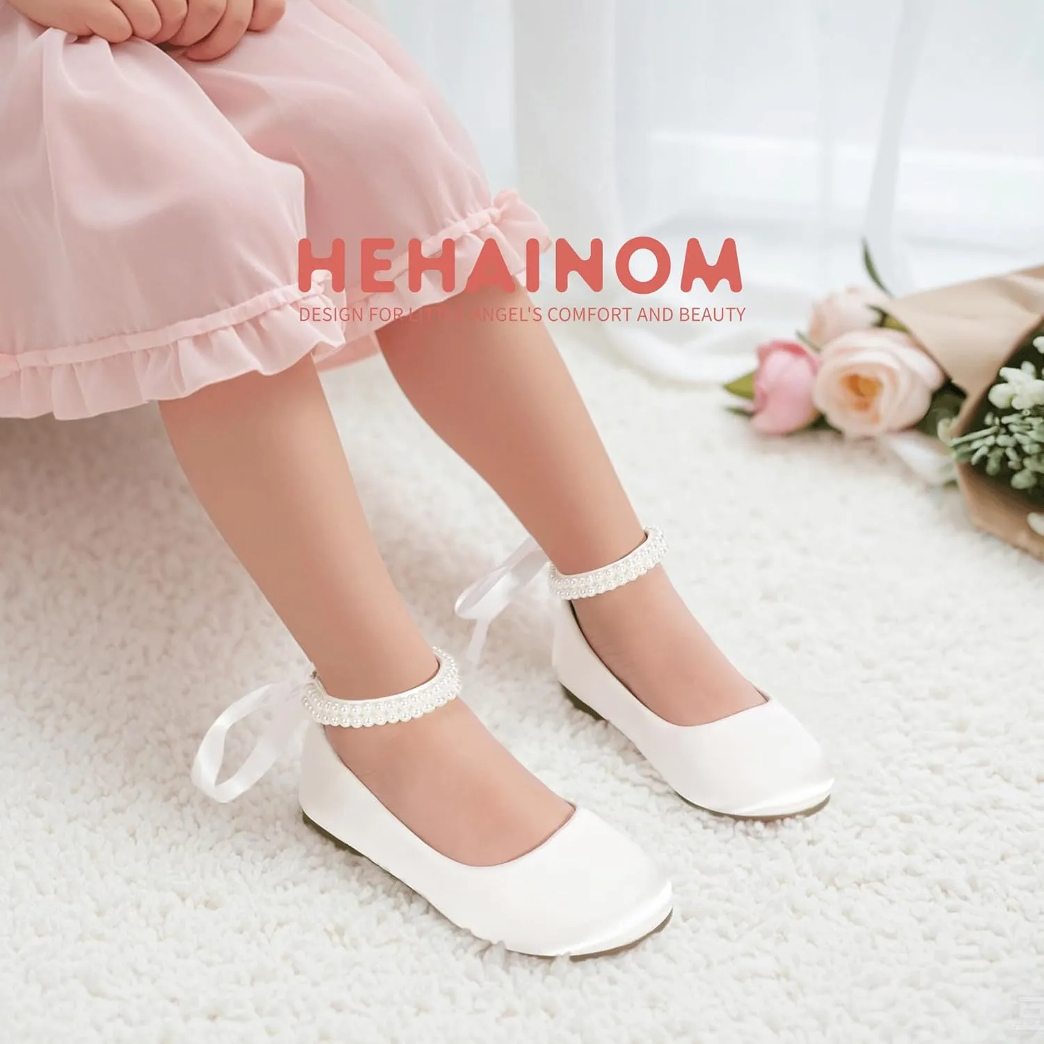 Hehainom Toddler Girls Dress Shoes Flower Girl Little Kids Mary Jane Ballet Flats Pearls Bow Wedding Party Communion Shoes