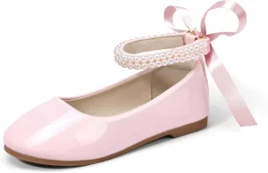 Hehainom Toddler Girls Dress Shoes Flower Girl Little Kids Mary Jane Ballet Flats Pearls Bow Wedding Party Communion Shoes