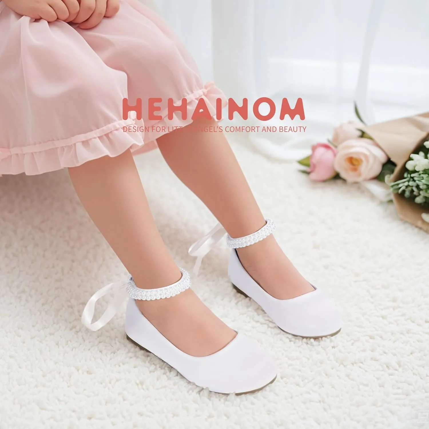 Hehainom Toddler Girls Dress Shoes Flower Girl Little Kids Mary Jane Ballet Flats Pearls Bow Wedding Party Communion Shoes