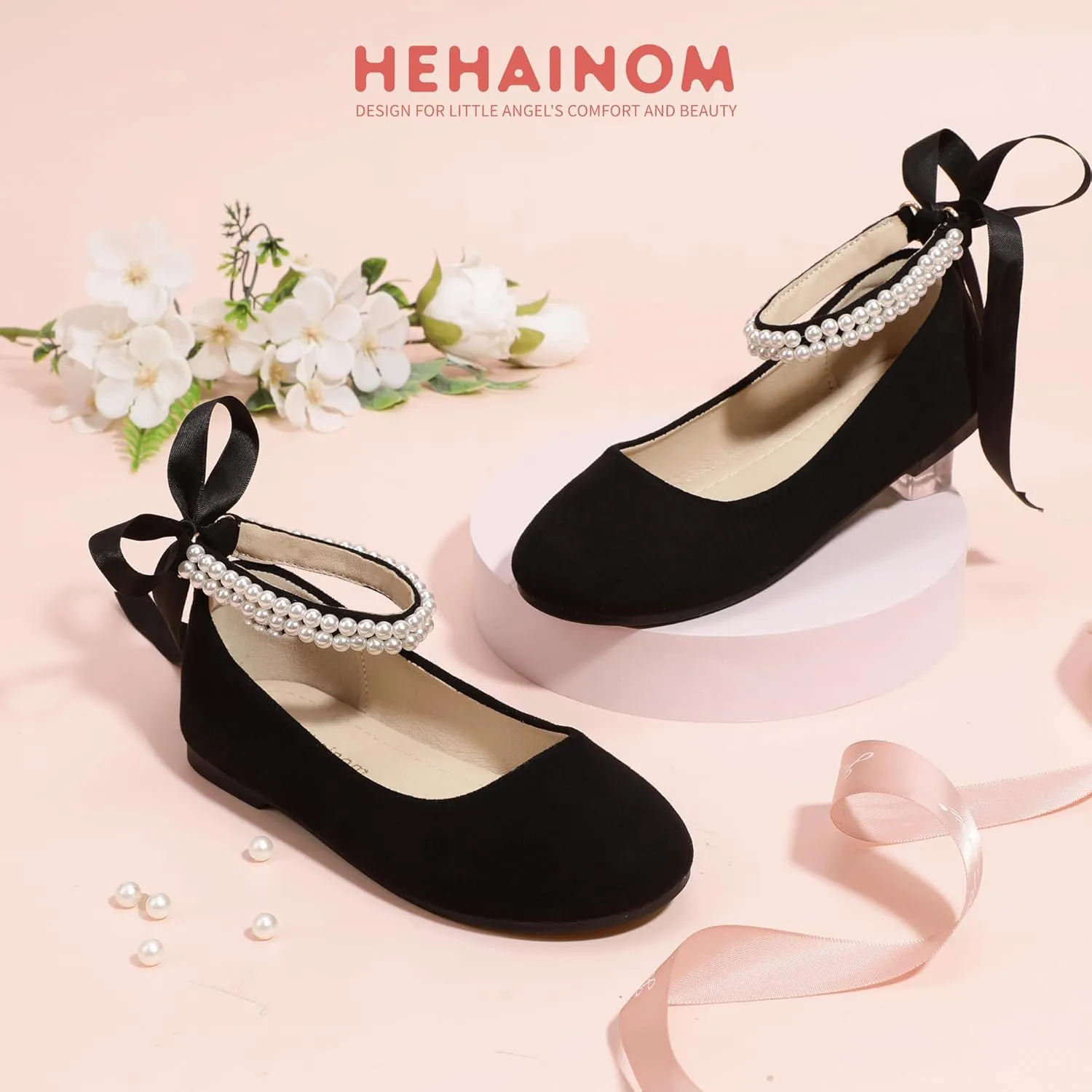 Hehainom Toddler Girls Dress Shoes Flower Girl Little Kids Mary Jane Ballet Flats Pearls Bow Wedding Party Communion Shoes