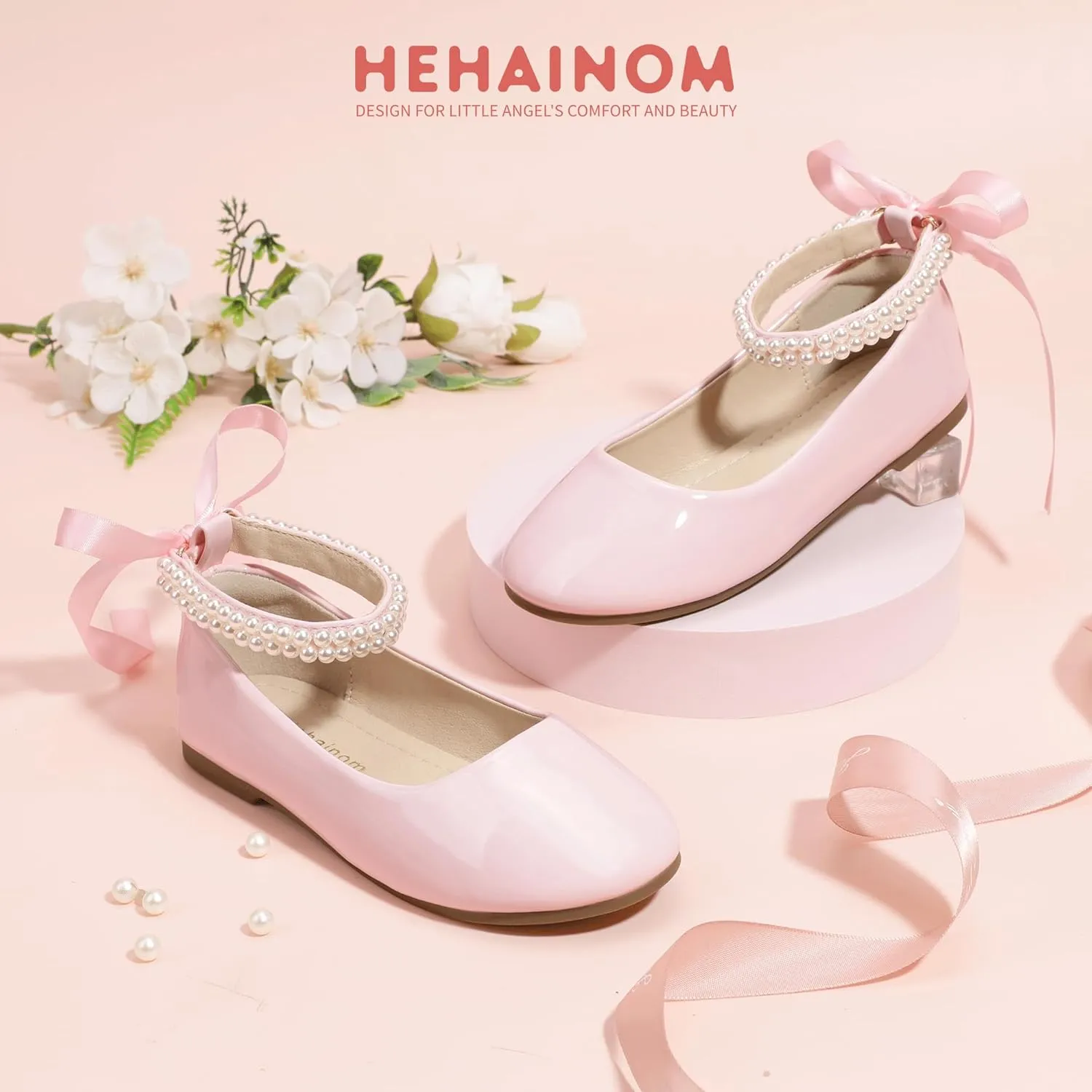 Hehainom Toddler Girls Dress Shoes Flower Girl Little Kids Mary Jane Ballet Flats Pearls Bow Wedding Party Communion Shoes