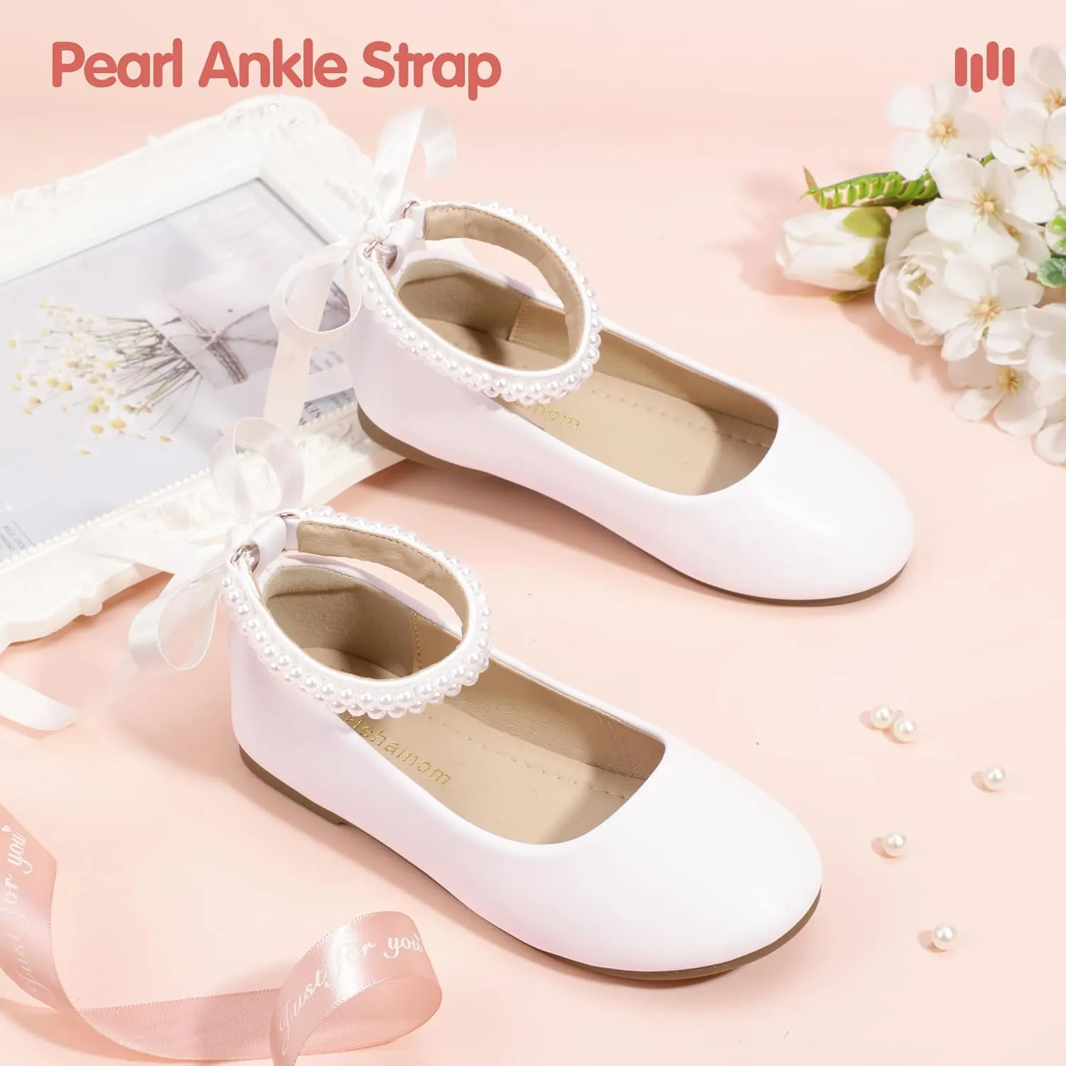 Hehainom Toddler Girls Dress Shoes Flower Girl Little Kids Mary Jane Ballet Flats Pearls Bow Wedding Party Communion Shoes