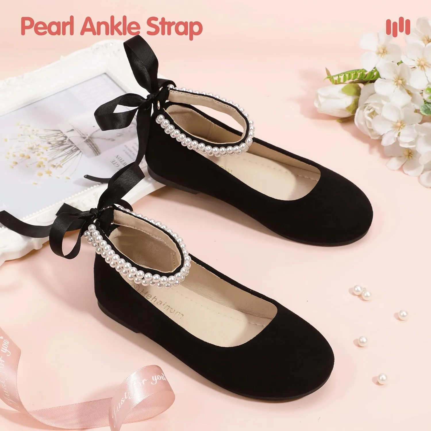 Hehainom Toddler Girls Dress Shoes Flower Girl Little Kids Mary Jane Ballet Flats Pearls Bow Wedding Party Communion Shoes