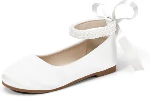 Hehainom Toddler Girls Dress Shoes Flower Girl Little Kids Mary Jane Ballet Flats Pearls Bow Wedding Party Communion Shoes