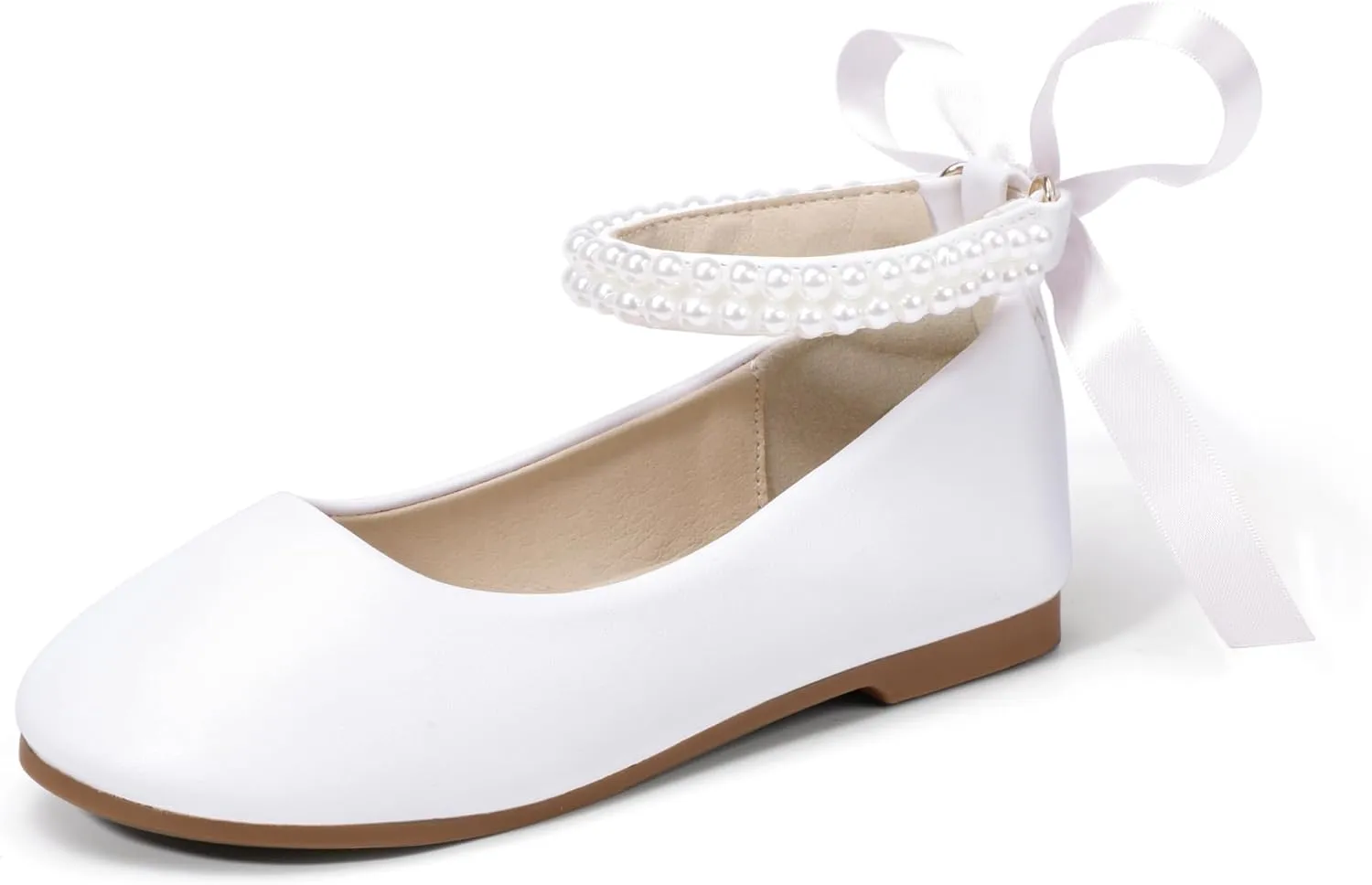Hehainom Toddler Girls Dress Shoes Flower Girl Little Kids Mary Jane Ballet Flats Pearls Bow Wedding Party Communion Shoes