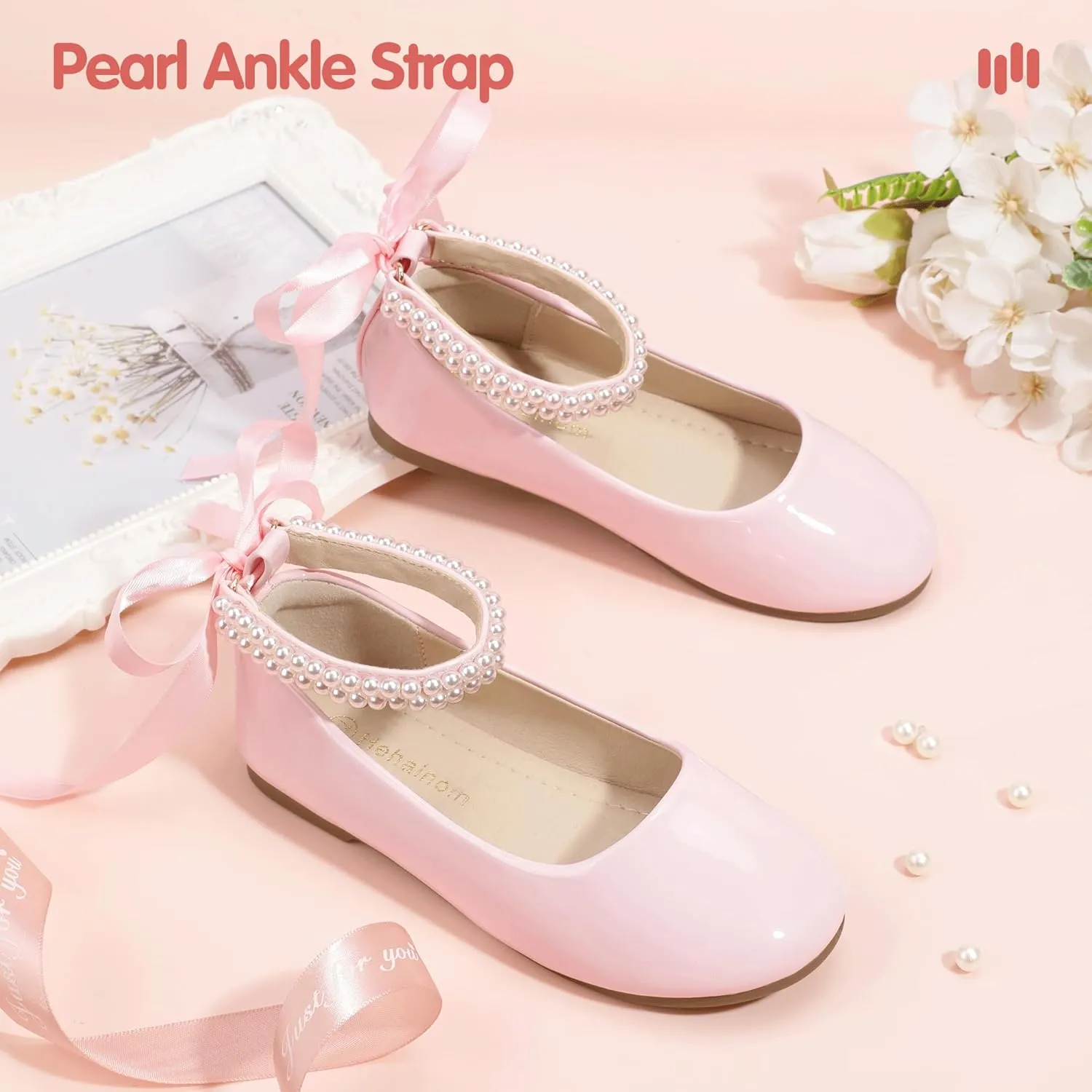 Hehainom Toddler Girls Dress Shoes Flower Girl Little Kids Mary Jane Ballet Flats Pearls Bow Wedding Party Communion Shoes