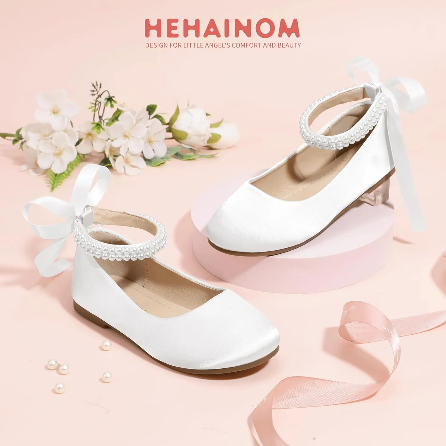 Hehainom Toddler Girls Dress Shoes Flower Girl Little Kids Mary Jane Ballet Flats Pearls Bow Wedding Party Communion Shoes