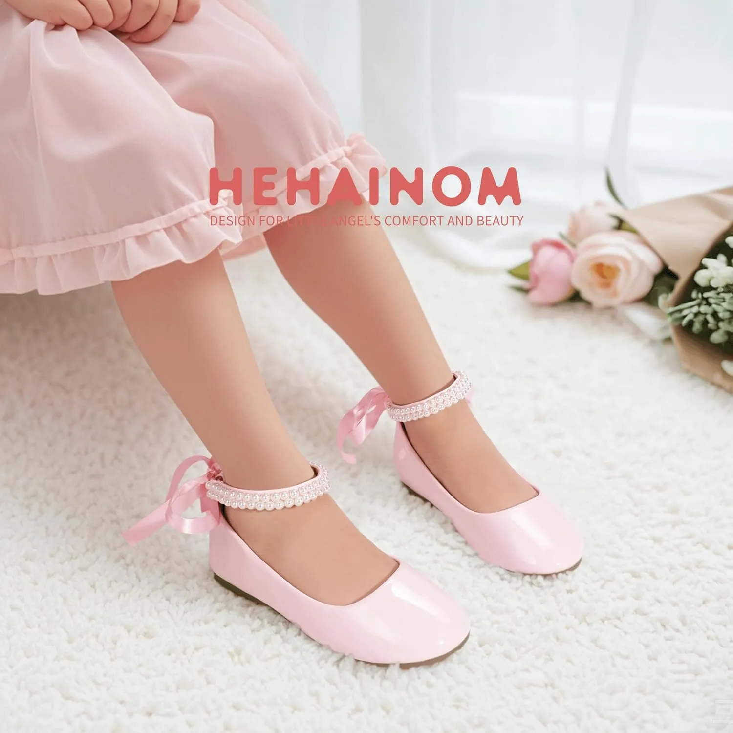 Hehainom Toddler Girls Dress Shoes Flower Girl Little Kids Mary Jane Ballet Flats Pearls Bow Wedding Party Communion Shoes