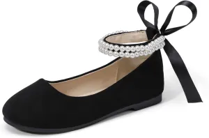 Hehainom Toddler Girls Dress Shoes Flower Girl Little Kids Mary Jane Ballet Flats Pearls Bow Wedding Party Communion Shoes