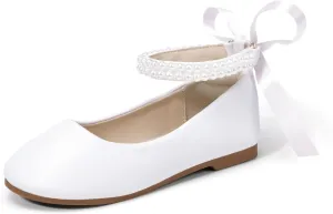 Hehainom Toddler Girls Dress Shoes Flower Girl Little Kids Mary Jane Ballet Flats Pearls Bow Wedding Party Communion Shoes