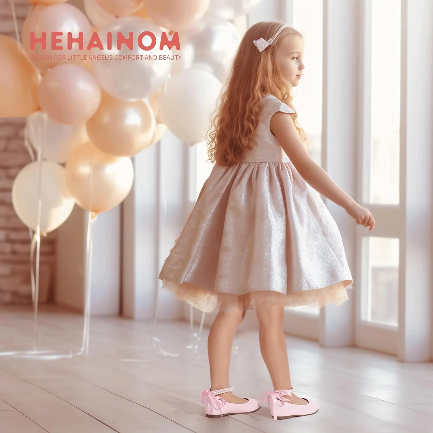 Hehainom Toddler Girls Dress Shoes Flower Girl Little Kids Mary Jane Ballet Flats Pearls Bow Wedding Party Communion Shoes