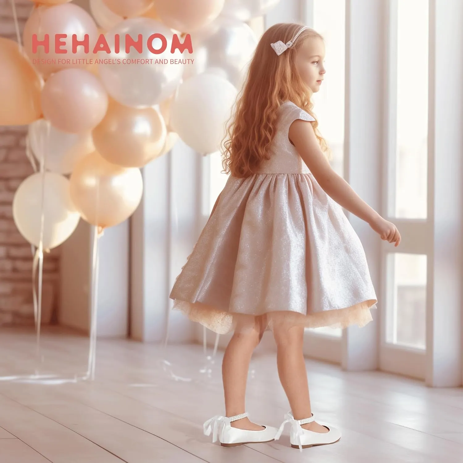 Hehainom Toddler Girls Dress Shoes Flower Girl Little Kids Mary Jane Ballet Flats Pearls Bow Wedding Party Communion Shoes
