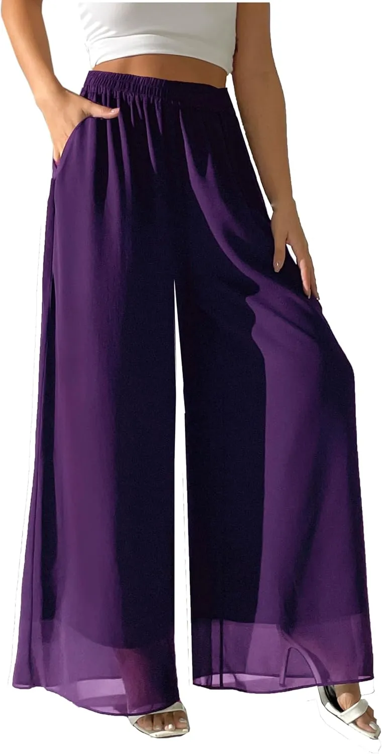 heipeiwa Women's Chiffon Dress Beach Wide Leg Palazzo Pants Elastic Waist Trouser
