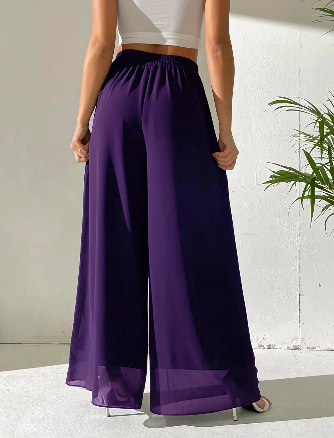 heipeiwa Women's Chiffon Dress Beach Wide Leg Palazzo Pants Elastic Waist Trouser