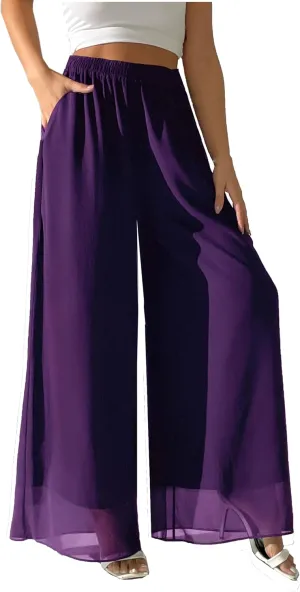 heipeiwa Women's Chiffon Dress Beach Wide Leg Palazzo Pants Elastic Waist Trouser