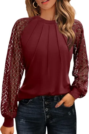 HOTOUCH Womens Lace Short/Long Sleeve Tops Dressy Casual Blouses Pleated Work Dressy Shirts Holiday Outfits S-3XL