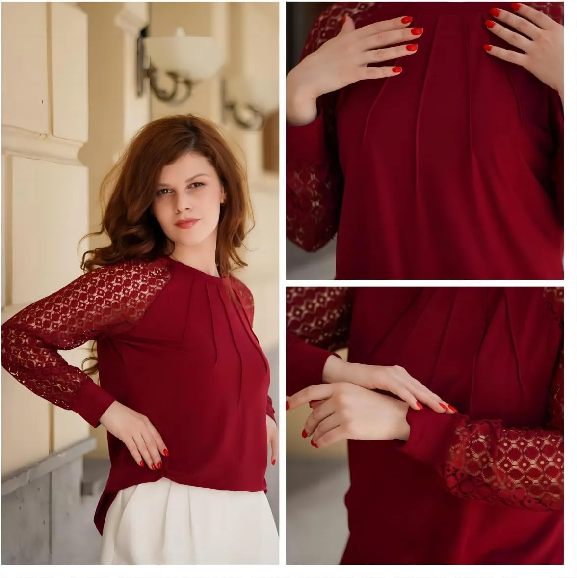 HOTOUCH Womens Lace Short/Long Sleeve Tops Dressy Casual Blouses Pleated Work Dressy Shirts Holiday Outfits S-3XL