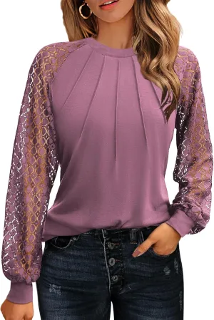 HOTOUCH Womens Lace Short/Long Sleeve Tops Dressy Casual Blouses Pleated Work Dressy Shirts Holiday Outfits S-3XL